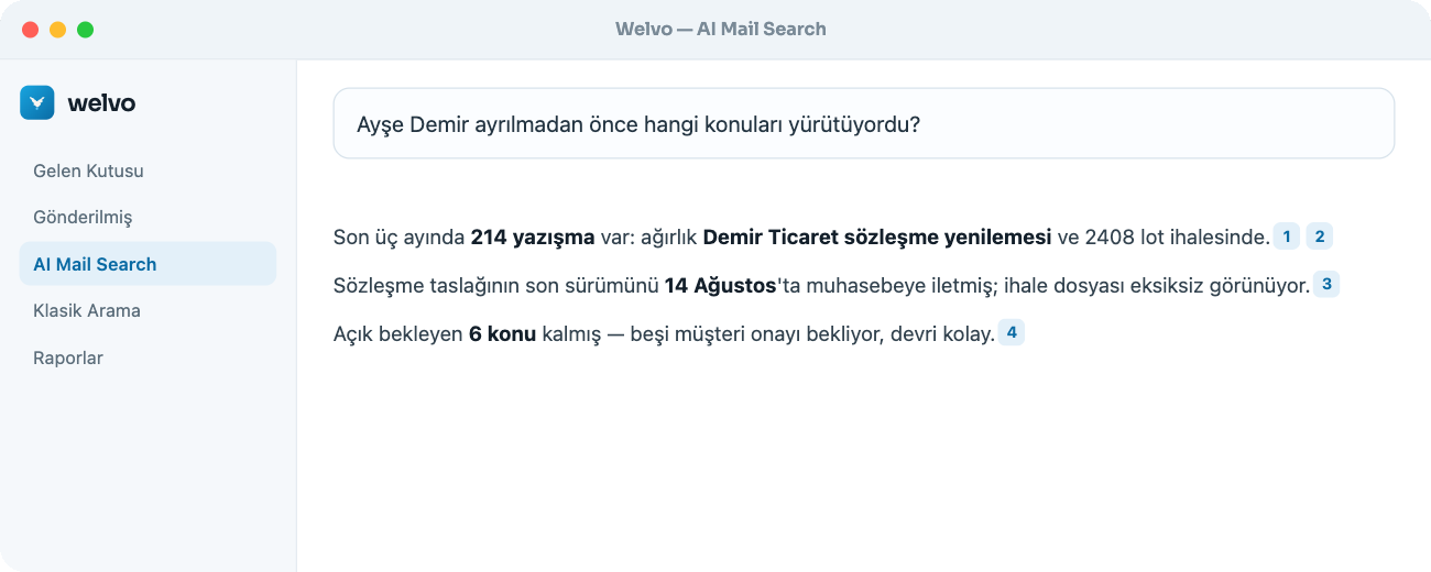 Welvo AI Mail Search: ayrılan çalışanın yürüttüğü konuların kaynak gösterilen özeti